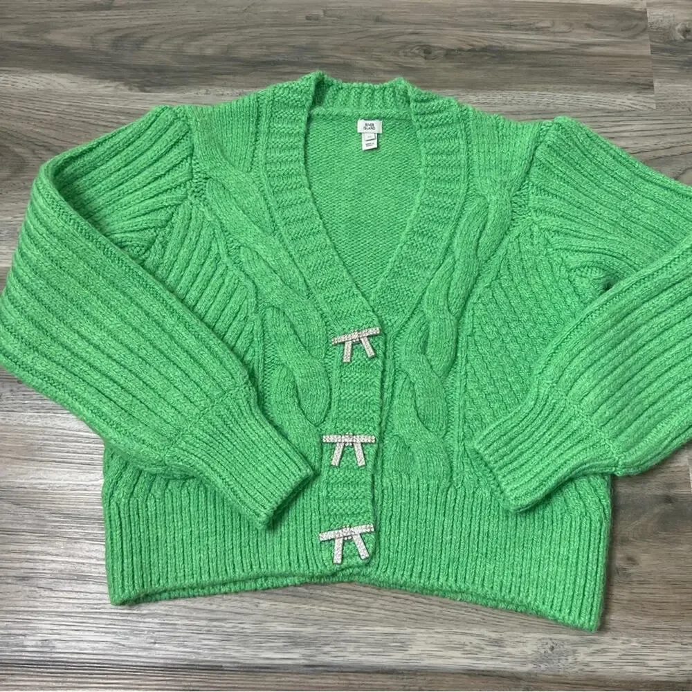 EUC River Island chunky knit boxy cardigan sweater bright green size XS - Picture 2 of 7